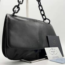 【極希少】PRADA プラダ プラスチックチェーン アクセサリーポーチ ショルダーバッグ 黒 ブラック 山羊革 レザー フラップ ビンテージ_画像1