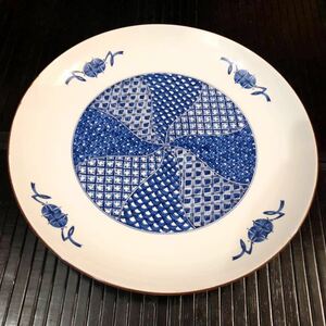 【送料無料】たち吉 染付陶器大皿 盛り皿 31cmビッグプレート 和食器 中古 未使用 キッチン雑貨 TACHIKICHI Japanese ceramic plate