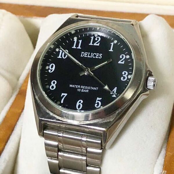 【即決/送料無料】DELICES maruman quartz wristwatch 黒文字盤 メンズアナログウォッチ クォーツ 中古腕時計 