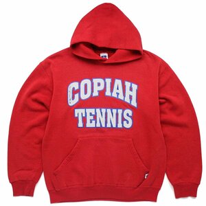 ★90s メキシコ製 RUSSELLラッセル COPIAH TENNIS スウェットパーカー 赤 M★オールド フーディー スポーツ テニス ひび割れプリント