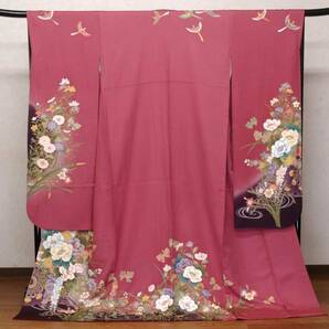 ☆振袖☆大きな振袖 牡丹色 牡丹・菊などの花文様 金彩 金糸の刺繍 正絹 裄70cm 身丈174㎝ 巾広め☆キレイの画像1