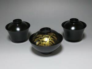 木製　輪島塗　黒漆器　金蒔絵松文吸い物椀1客　箸休め吸い物椀２客　和食器　３点セット　上手　京塗