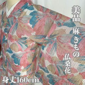 【Wellriver】 美品！麻きもの 縮きもの 単衣 仏桑花 ハイビスカス 華やか 身丈160cm 和装 和服 着物 #C677.