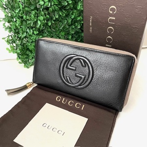 1円 美品 GUCCI グッチ ソーホー インターロッキングGG カーキ マットブラック 長財布