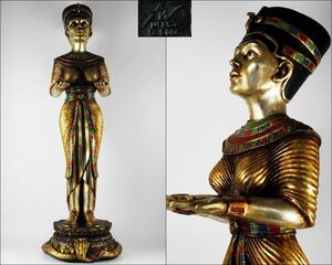 古代エジプト 王妃 ネフェルティティ像 神像 金彩色 木彫 彫刻 オブジェ 高：110cm