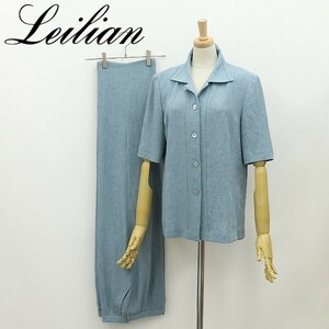 美品◆Leilian レリアン 刺繍 半袖 ショートスリーブ ブラウス シャツ＆パンツ セットアップ 水色 9