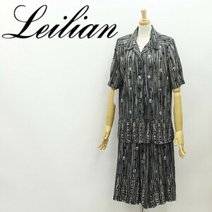 美品◆Leilian レリアン 総柄 シフォン タック 半袖 ブラウス シャツ＆プリーツ スカート セットアップ グレー 9