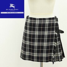 ◆BURBERRY BLUE LABEL バーバリー ブルーレーベル レザーベルト フリンジ チェック柄 ウール ラップ ミニ スカート ブラック 36_画像1