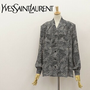 ヴィンテージ◆Yves Saint Laurent イヴサンローラン スイス製生地 総柄 ギャザー ブラウス ベージュ×ブラック 36