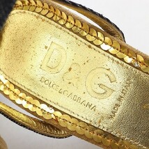 ◆D&G ドルチェ&ガッバーナ スパンコール装飾 フリンジ スエード & デニム ストラップ ヒール サンダル ゴールド 37_画像6
