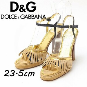 *D&G Dolce & Gabbana spangled equipment ornament fringe suede & Denim strap heel sandals Gold 37