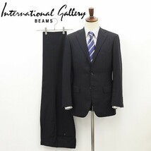 ◆International Gallery BEAMS ビームス ストライプ柄 3釦 スーツ セットアップ チャコールブラック 42_画像1