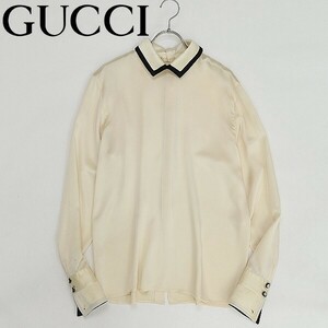  Vintage *GUCCI Gucci silk 100% back button blouse shirt ivory × black 42