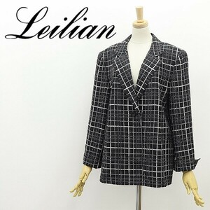 ◆Leilian レリアン COUTURE FABRIC フランス製生地 シルク混 チェック柄 1釦 ジャケット 黒 ブラック×ホワイト 13+ 大きいサイズ