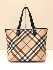 【中古品】BURBERRY バーバリー ノバチェック柄 PVC×パテントレザー 肩掛け トートバッグ ベージュ レディース トートバッグ