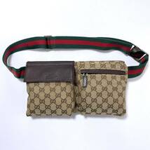 1円 ◎ GUCCI グッチ シェリーライン ボディバッグ ウエストポーチ ショルダーバッグ ベルト GGキャンバス レザー ブラウン 28566 美品_画像2