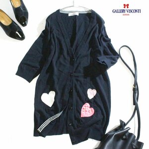 GALLERY VISCONTI guarantee Lee Visconti adult pretty Heart 7 minute sleeve ko ton long knitted cardigan black black pink beads embroidery 