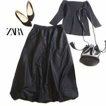 ZARA ザラ ハリ 艶 合物 ベルト入り 裾バルーン ふんわり フレア ロングスカート XS モロッコ製 ブラック 黒_画像1