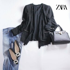 美品 春ジャケット モロッコ製 ZARA woman ザラ ウーマン ■ 洗練 スタッズ 単色 ツイードジャケット L 11号 ロングジャケット お洒落 黒