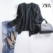 美品 春ジャケット モロッコ製 ZARA woman ザラ ウーマン ■ 洗練 スタッズ 単色 ツイードジャケット L 11号 ロングジャケット お洒落 黒_画像1