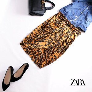 美品 ZARA woman ザラ ウーマン ■ 上品 綺麗め 艶 まだら柄 デザイン リーフ ギャザー タイトスカート S ブラック 黒 オレンジブラウン