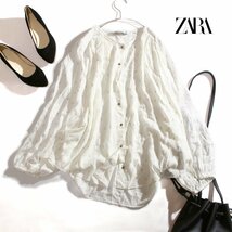 ZARA ザラ モロッコ製 春 夏 透け シワ加工 ラメドット柄 長袖 ゆったり シフォンブラウス シャツ M ホワイト 白 ゴールド ラメ 涼しい_画像1