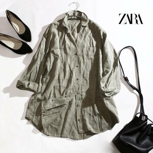 ZARA ザラ 春 夏 リヨセル とろみ ゆったり ミリタリー 半袖 シャツ XS カーキ グリーン 緑 カジュアル ロング