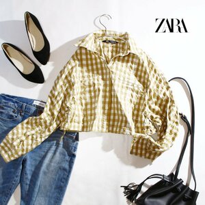 ZARA ザラ 春 夏 ギンガム チェック柄 裾コードベルト入り 長袖 ゆったり ブラウス シャツ S ホワイト 白 ベージュ 羽織