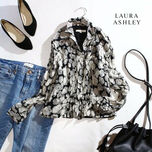 ローラアシュレイ Laura Ashley シルク100％ シワ加工 イラスト 柄 モノトーン シルクシフォンシャツ ブラウス 9号 ブラック 黒 ホワイト