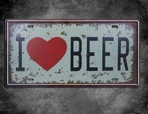 K38a 新品●ブリキ看板 I LOVE BEER ビール ナンバープレート型 お店 バー インテリア アンティーク レトロ