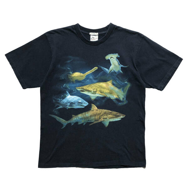 90S EU製 古着 半袖 Tシャツ サメ 鮫 ホオジロザメ ハンマーヘッドシャーク アニマル メンズM ネイビー BA2415