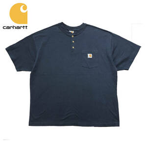 USA 古着 半袖 Tシャツ カーハート Carhartt ロゴ ポケT ヘンリーネック ネイビー 紺色 メンズXL BA2426