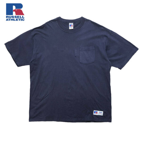 USA 古着 90S USA製 ヴィンテージ ラッセル アスレチック クルーネック 無地 Tシャツ ポケT メンズXL ネイビー 紺色 RUSSELL BA2463