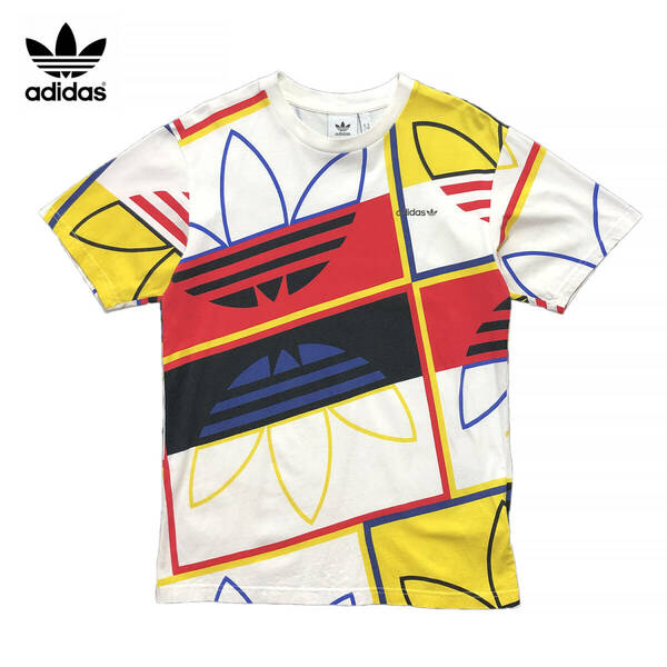 USA 古着 アディダス オリジナルス トレフォイルロゴ 総柄 デザイン クルーネック Tシャツ メンズM ホワイト adidas 中古 BA2467