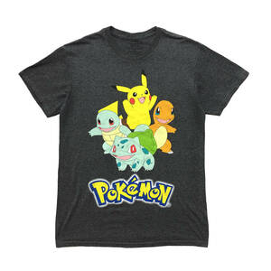 USA 古着 半袖 Tシャツ ポケモン ピカチュウ ゼニガメ ヒトカゲ フシギダネ チャコール メンズS BA2512