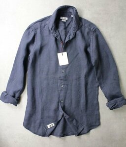 【Glanshirt】グランシャツ　後染めネイビー無地のリネンシャツ 38センチ 新品未使用 ボタン欠け有り