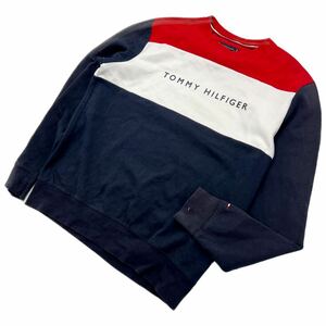 TOMMY HILFIGER ☆ デザイン トリコロール ライン スウェット シャツ トレーナー レッド ホワイト ネイビー XL トミーヒルフィガー■DE277