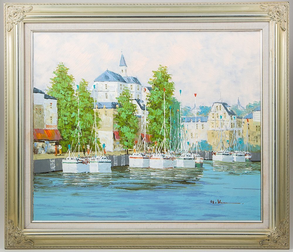 [1on1] Authentic work Hisashi Kurosawa Port of Orio (Spain) Oil on canvas No. 20 Framed / Popular European landscape painter Saiichikai member, painting, oil painting, Nature, Landscape painting