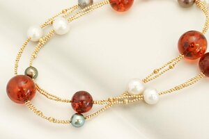 o. from .*K18 stamp necklace south . pearl *ko Haku * amber * pearl accessory { approximately 63.6g}[C-A60641]