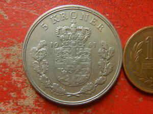 外国・デンマーク／５クローナー白銅貨：フレデリク９世（1961年）　240327
