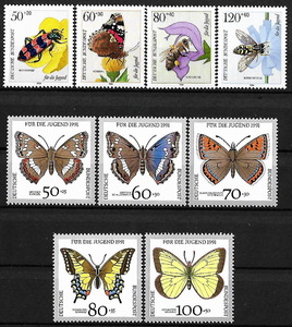 ★1984~1991年 -ドイツ- 「花と昆虫」4種完 + 「蝶」5種 未使用(MNH)(SC#B616-B619)(SC#B706-B711)★ZR-404