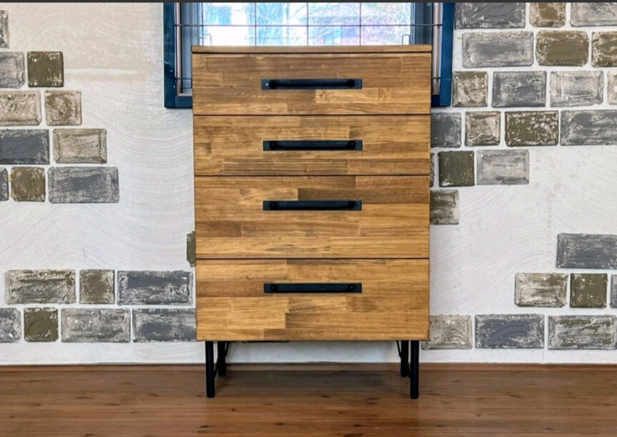 Solid pine laminated wood x iron legs Chest/Living storage Kitchen storage Store fixtures Iron furniture Industrial Handmade furniture, furniture, interior, chest of drawers, chest, Western chest of drawers, chest