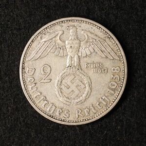 KM#93【ナチス鉤十字】ドイツ第三帝国 2ライヒスマルク銀貨（1938）ベルリン・ミント[E2177]コイン　