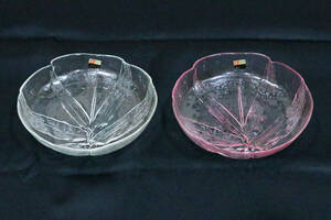 クリスタルガラス　2枚　直径19.5㎝　KURATA　手づくり　透明/ピンク　食器　未使用　保管品
