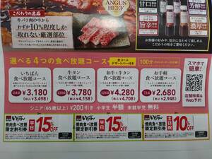 【新聞折り込みチラシ】熟成焼肉いちばん 焼肉食べ放題 割引券 3枚セット (15%割引券2枚・10%割引券1枚)