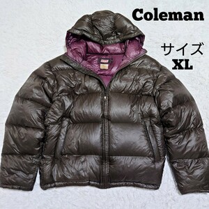 大きいサイズ Coleman コールマン ダウンジャケット 軽量 肉厚 XL LL 胸元ロゴ グースダウン ブラウン 茶色 裏地紫 キャンプ アウトドア