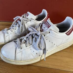 セール 即決1円 STAN SMITH 27.5cm/adidas スタンスミス アディダス スニーカー 中古 古着 天然皮革 生産終了 白×エンジ バーガンディの画像1