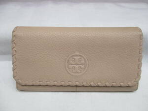 ★Tory Burch トリーバーチ ウィップxロゴステッチ ロングウォレット ベージュ AB レザー 財布 スナップボタン式 フラップ used品