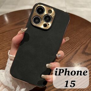 iPhone15ケース カバー ブラック 無地 レザー風 シンプル カメラカバー一体型 韓国スタイル おしゃれ 高級感