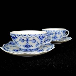 △美品 ◆ ロイヤルコペンハーゲン RoyalCopenhagen ブルーフルーテッド　フルレース カップ&ソーサー　ペア　2客 デンマーク製 希少　レア